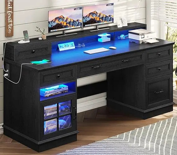 Executive Desk with File Drawer and Monitor Stand Home Office Desk with Drawers and Storage Cabinet Writing Desk