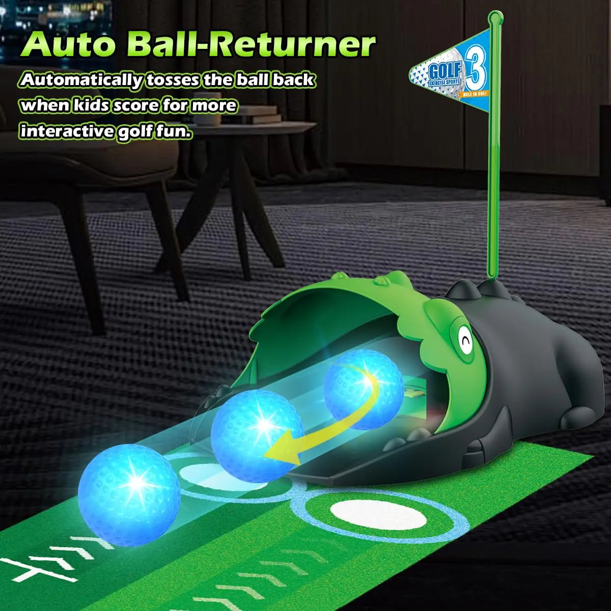 Kids Toy Golf Club Set with LED Automatic Ball Returner and Golf Putting Mat for Toddlers Mini Golf Game Sports Gift for Boys and Girls Age 3 and Up