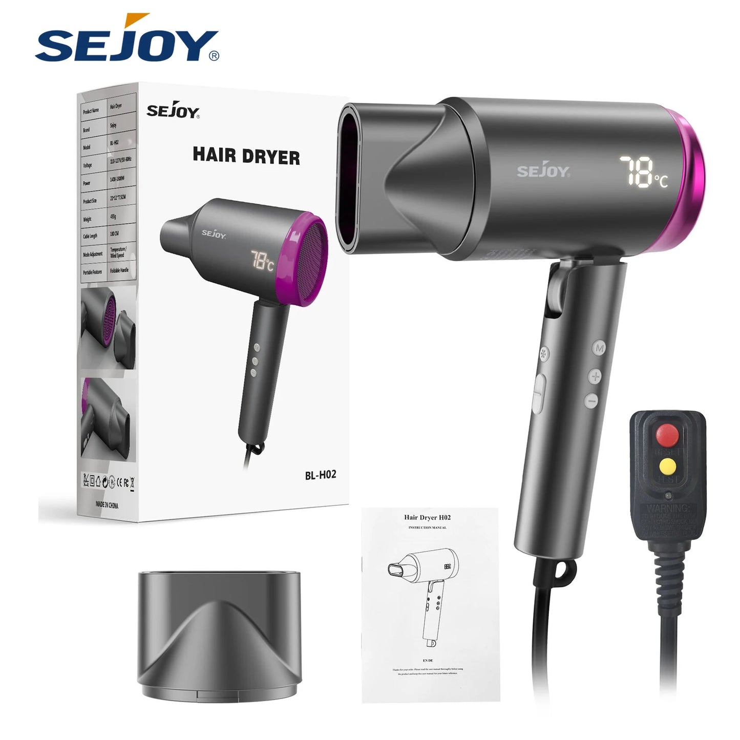 Sejoy Hair Dryer 1800W Professional Salon Ionic Blow Dryer with Negative Nozzle