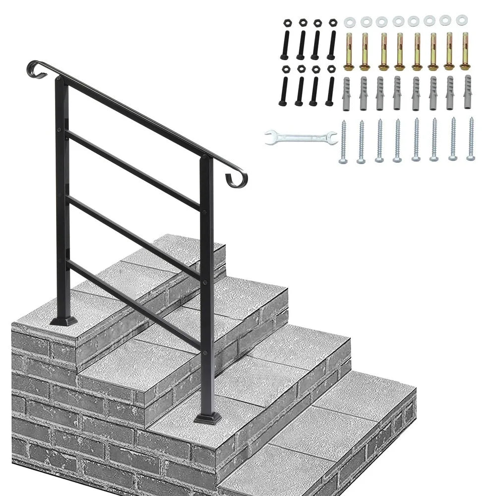 Adjustable Iron Handrail Black Fit 1 or 3 Steps Handrail for Outdoor Steps