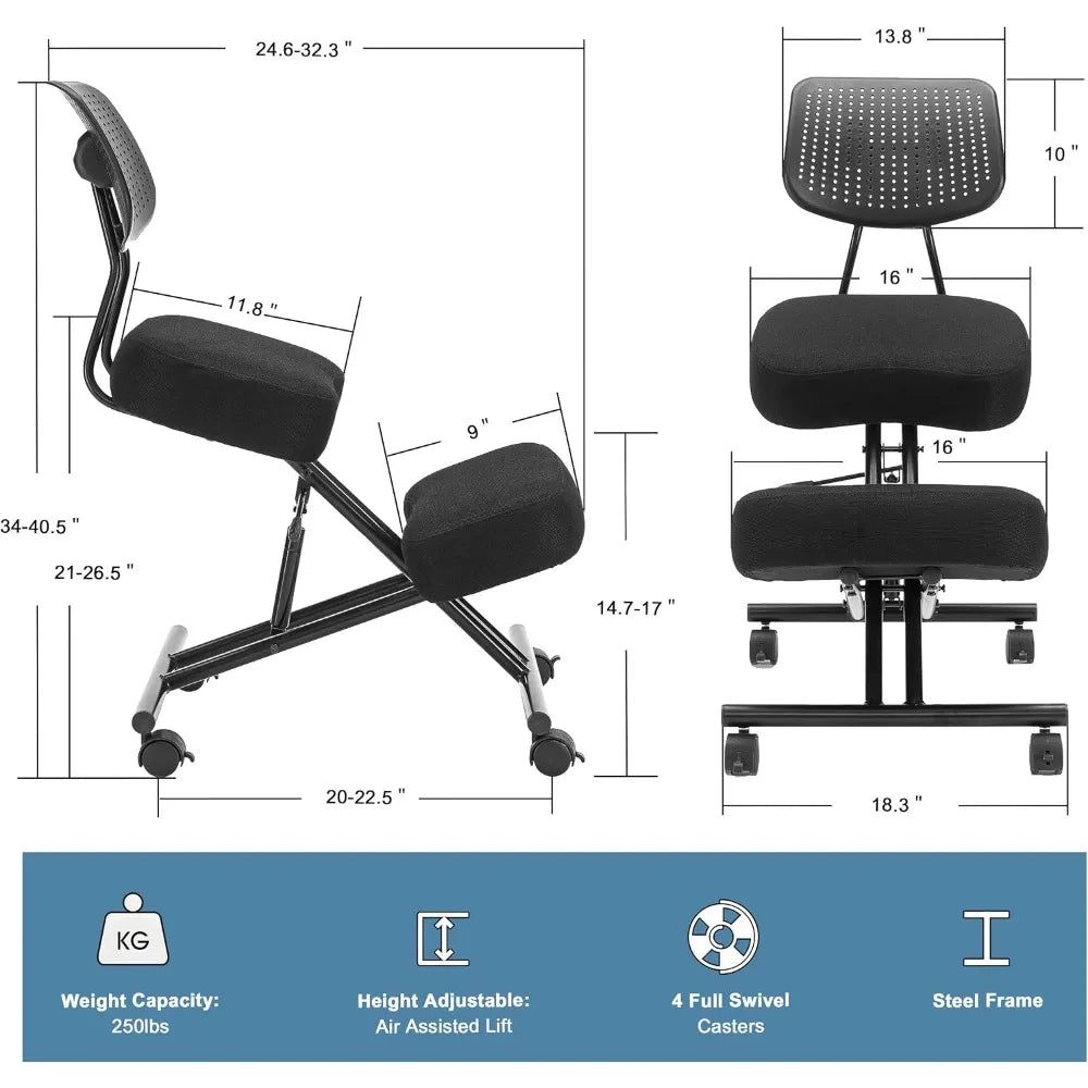 Ergonomic Kneeling Chair with Back Support Adjustable Stool Modern Design with Smooth Gliding Casters