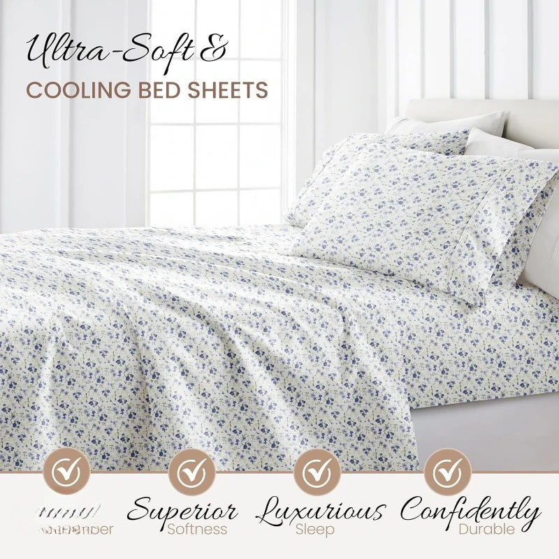 4 Piece Queen Sheet Set Light Blue Floral Ultra Soft Cooling Bed Sheets
