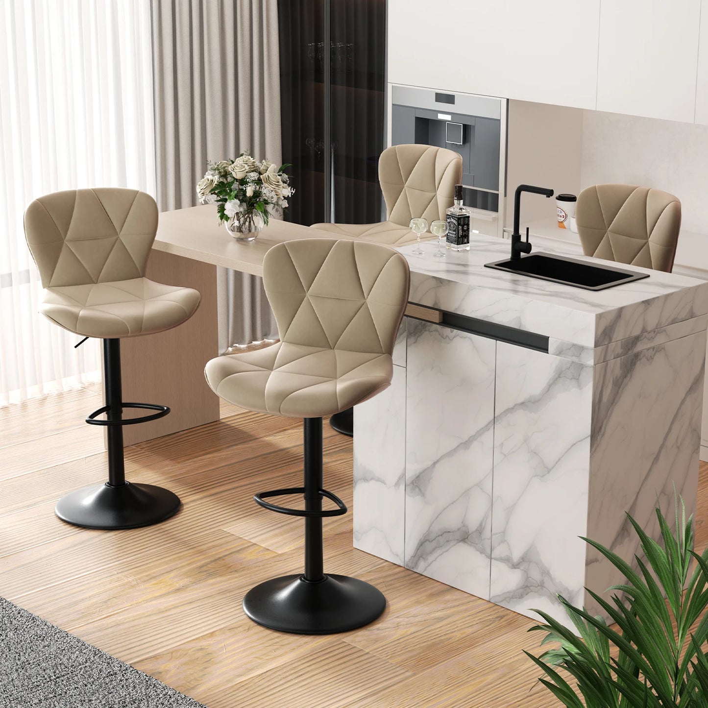 2 Pcs Bar Chair 360 Degree Rotation Adjustable Height Faux Leather Upholstered Backrest Bar Furniture for Dining Room Kitchen
