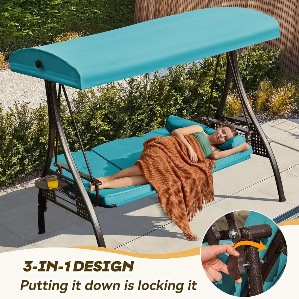 Outdoor Porch Swing with Adjustable Canopy Three Seat Outdoor Swing for Adults Patio Swing Chair with Thickened Cushions Khaki