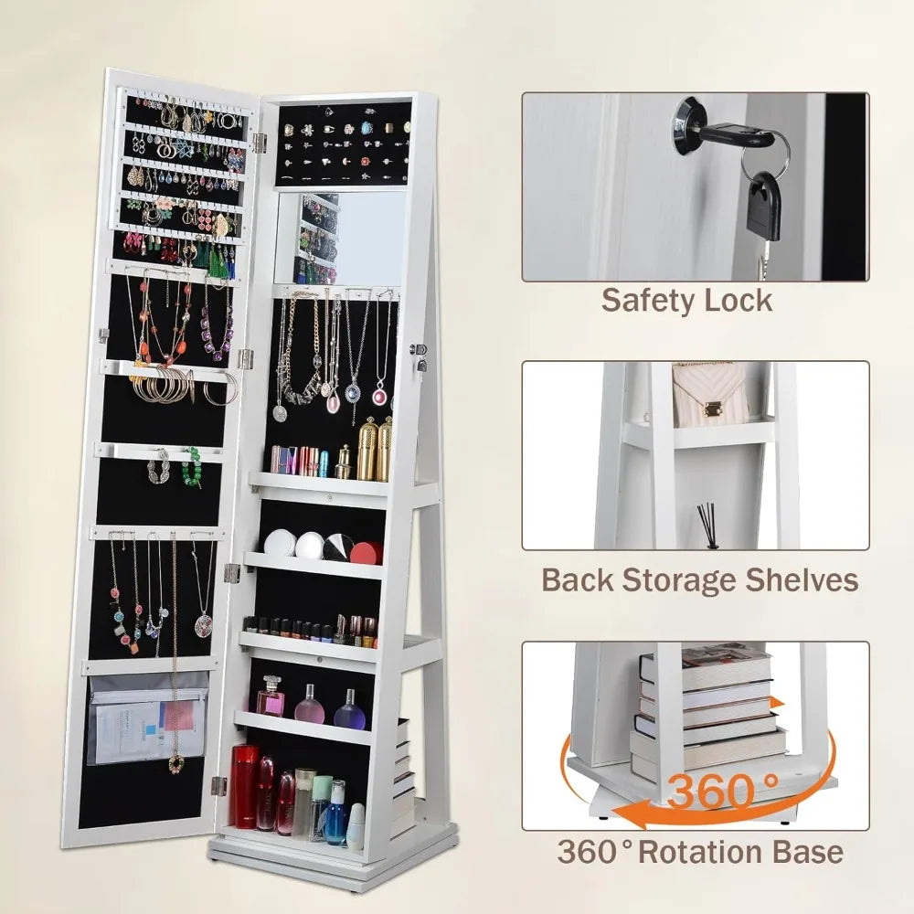 65 Inch Standing Mirror Jewelry Cabinet 360 Swivel