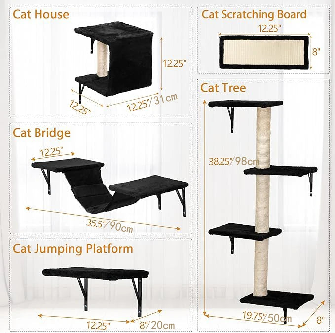 5 Pieces Multi Level Wall Mounted Indoor Cat Tree Furniture with Scratching Board Condo Perches Bridge for Indoor Cats Gray