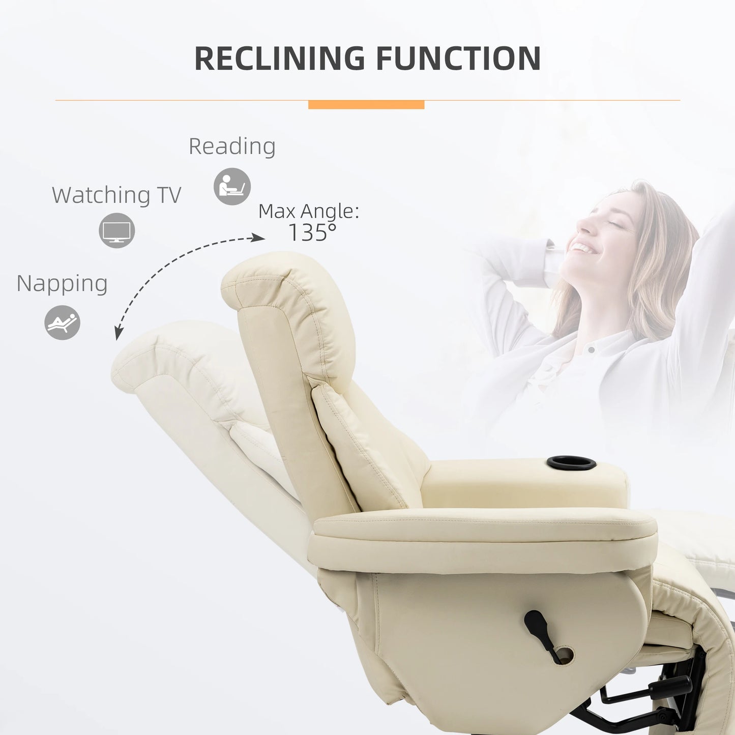 Pu Leather Manual Recliner Armchair With Cup Holder Pocket for Living Room Cream