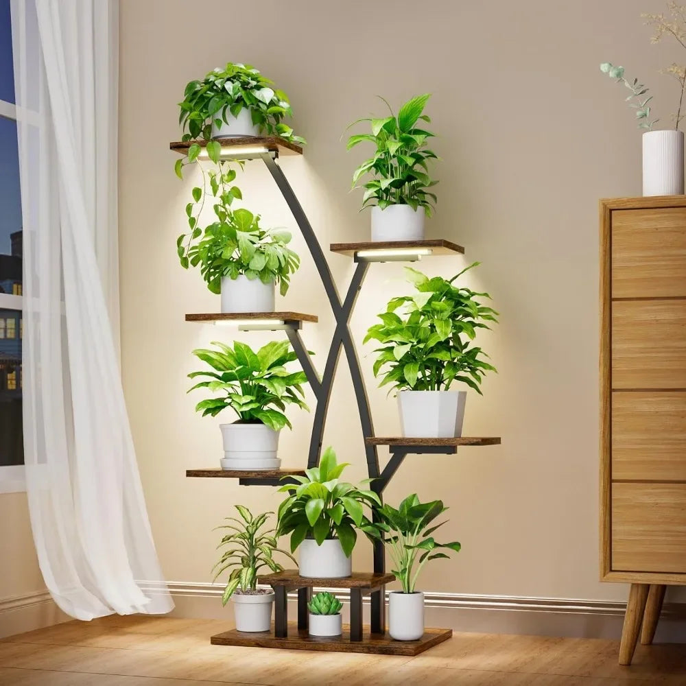 Plant Stand With Grow Lights 7 Tiered Corner Shelf For Multiple Plants Flower Holder Display Rack For Indoor Home Patio Balcony Black