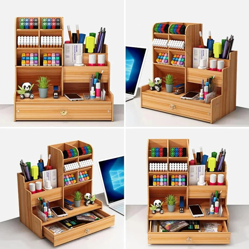 Wooden Desk Organizer DIY Desktop Tidy Pen Holder Large Capacity Stationery Storage Box with Drawer for Home Office and School Black