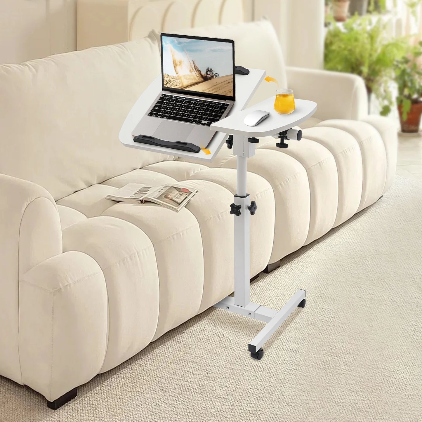 White MDF Carbon Steel Adjustable Laptop Stand With Wheels