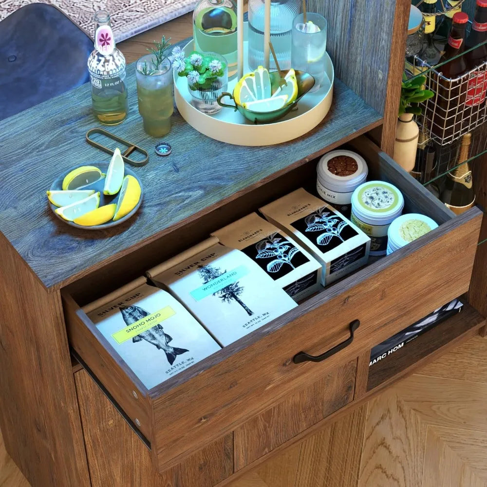 LED Bars Cabinet with Wine Glass Holder and Glass Display Cabinet Coffee Bars with Storage and Two Drawers for Home Dining Room