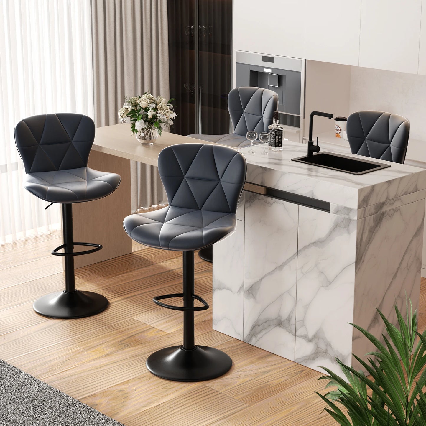 2 Pcs Bar Chair 360 Degree Rotation Adjustable Height Faux Leather Upholstered Backrest Bar Furniture for Dining Room Kitchen