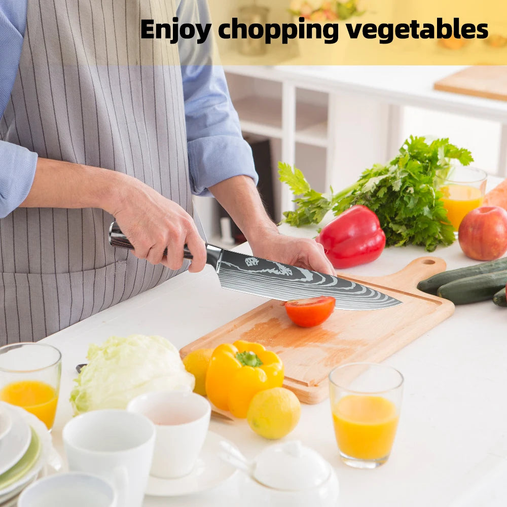 8PCS Japanese Kitchen Knife Set Professional Laser Damascus Pattern Stainless Steel Meat Cleaver Slicer Knife