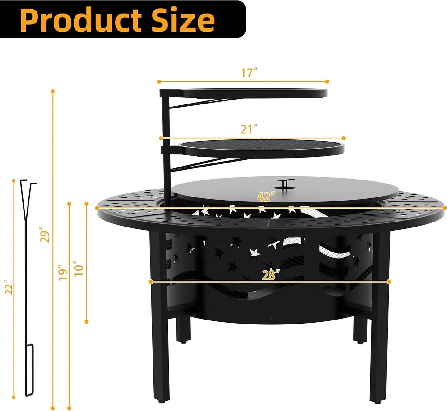 42 Inch Outdoor Fire Pit with 2 Grills Heavy Duty Metal Wood Burning Firepit with Cover and Poker Large Round Design