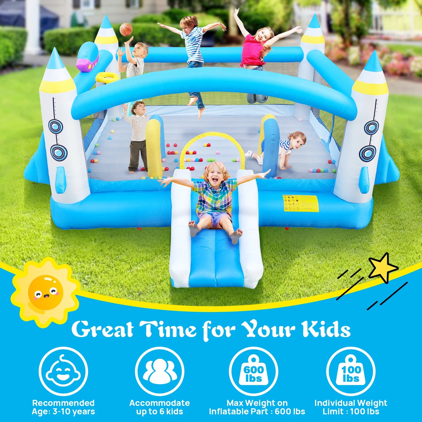 Kids Inflatable Bounce House With Long Slide Basketball Hoop Heavy Duty Oxford Fabric For Family Backyard Fun