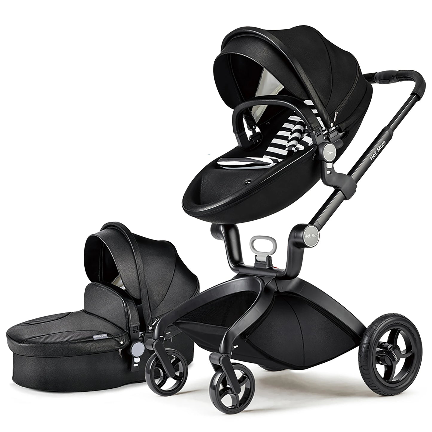 Hot Mom F22 Baby Stroller 3 In 1 Adjustable Seat Aluminum Frame Solid Rubber Tires Rain Cover Mosquito Net Large Storage Basket