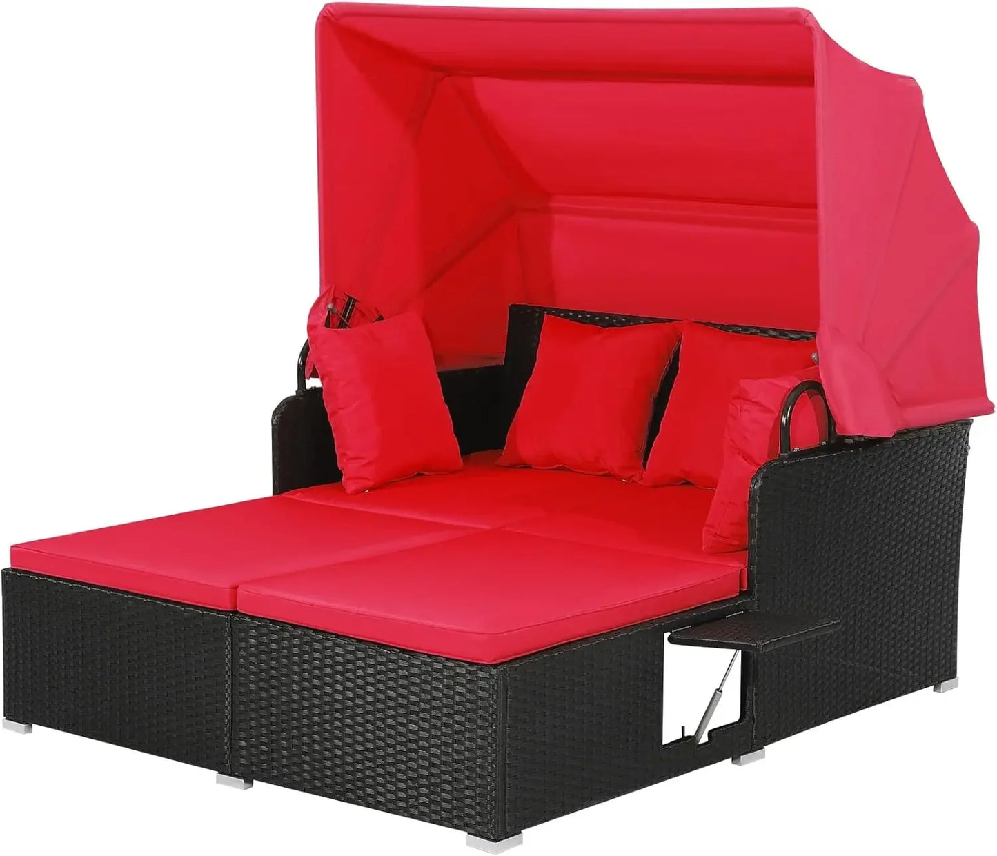 Outdoor Hand Woven PE Wicker Daybed Patio Loveseat Sofa Set with Retractable Canopy and 2 Side Tables