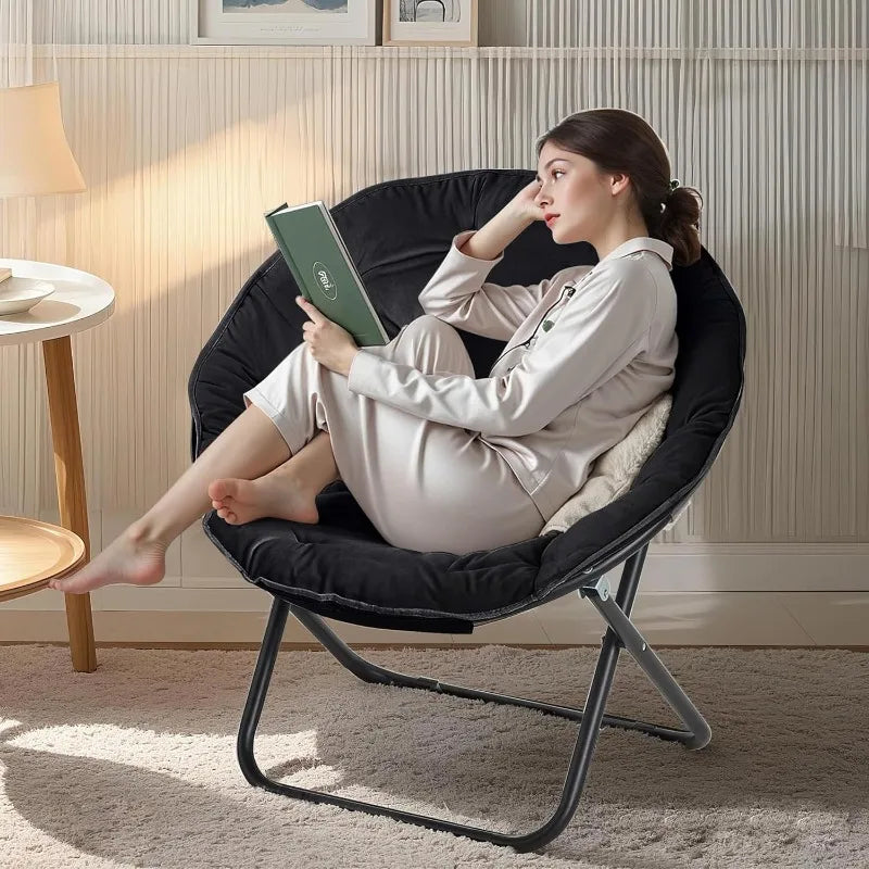 Saucer Chair for Adults Folding Moon Chair with Metal Frame Faux Fur for Bedroom Living Room Dorm Room Apartment Black