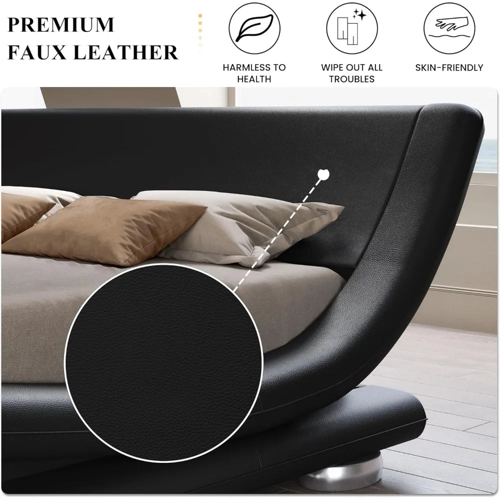 Bed frame, Low Profile Sleigh Bed with Faux Leather Ergonomics Headboard, No Box Spring Needed Easy Assembly, Bedroom Furniture