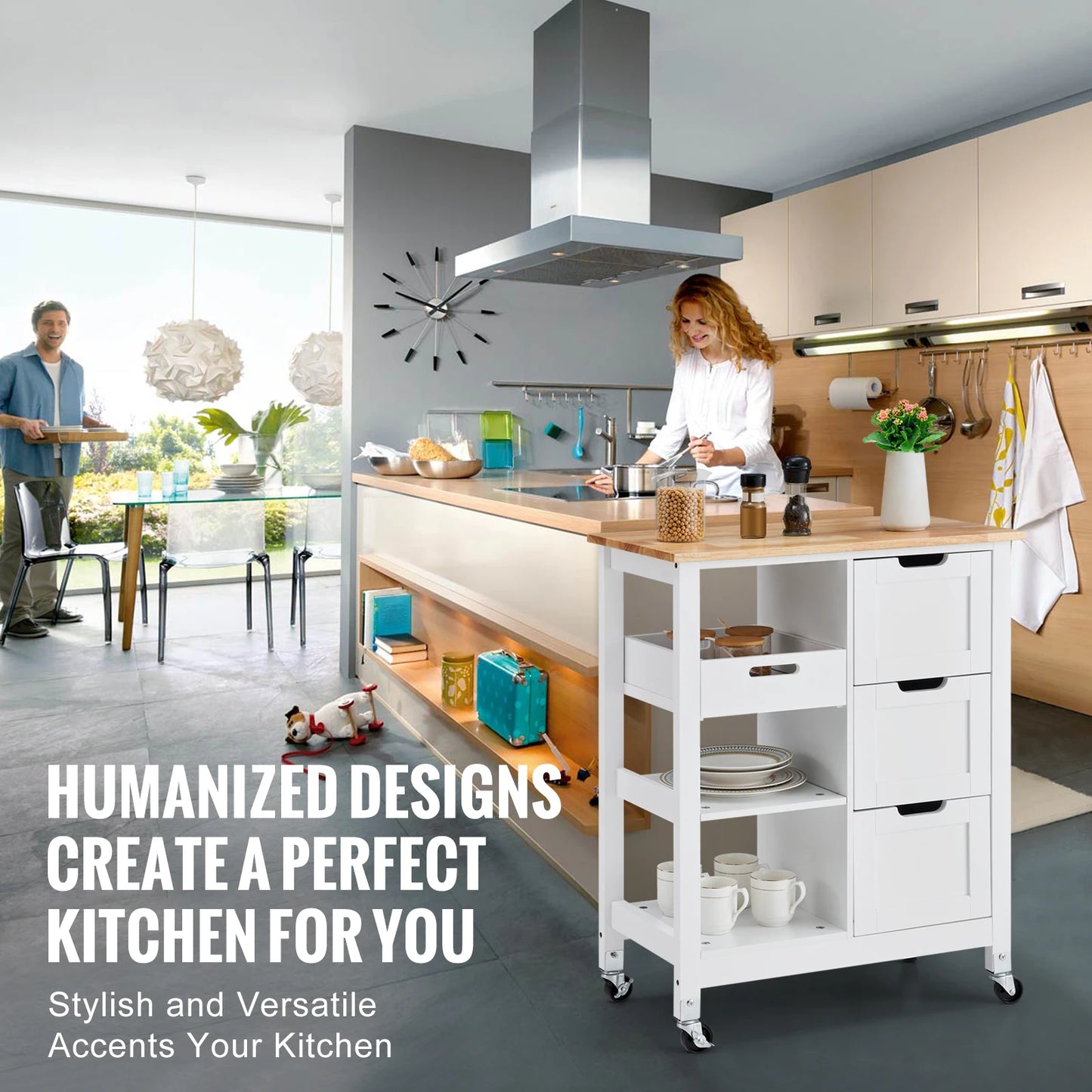 SucceBuy Kitchen Island Cart With Wood Top Drawers Shelves
