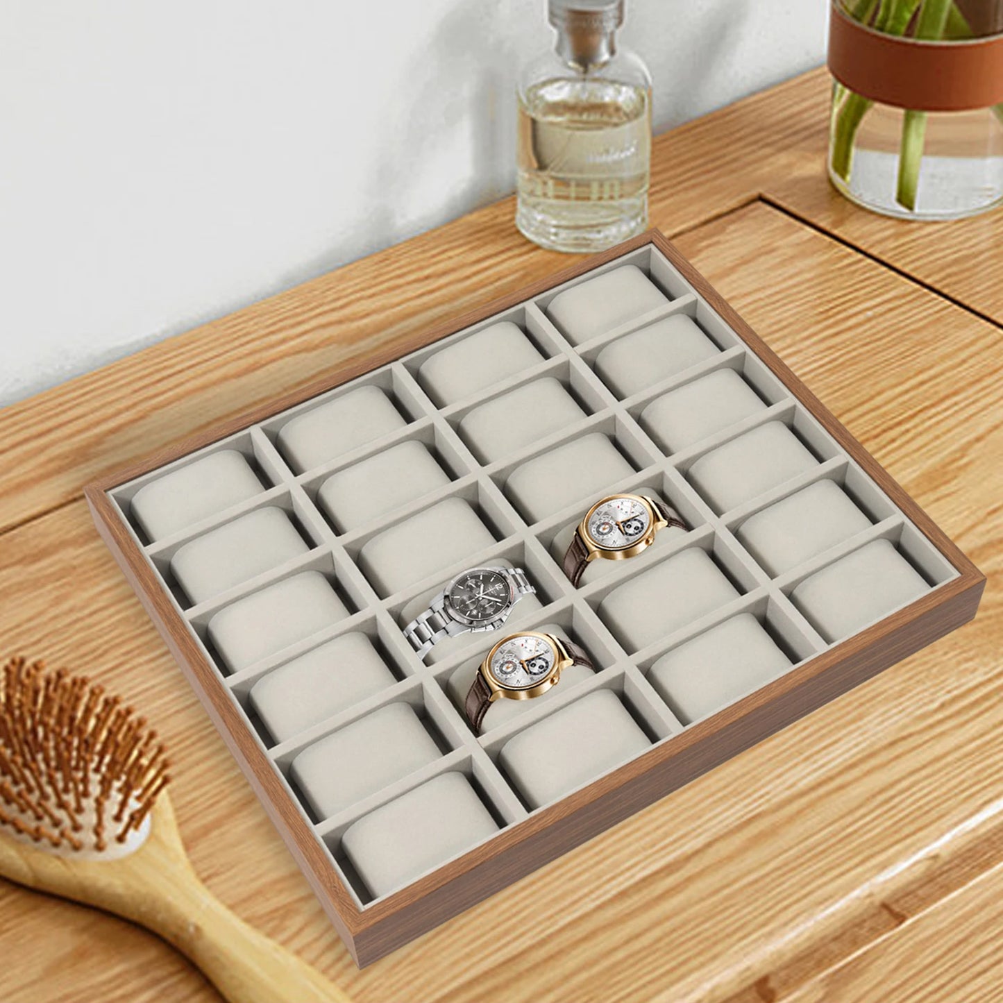 24 Compartment Watch Organizer Box with Walnut Grain Finish and Soft Lining for Home Bedroom Storage