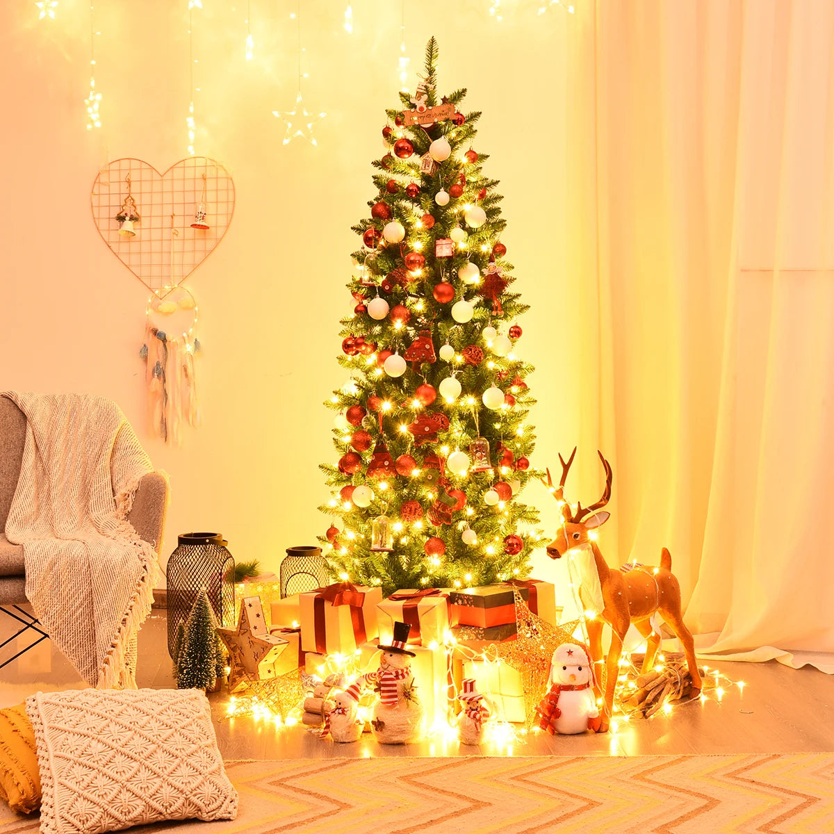 6Ft Pre-lit Artificial Pencil Christmas Tree Hinged Fir PVC Tree/ 250 LED Lights