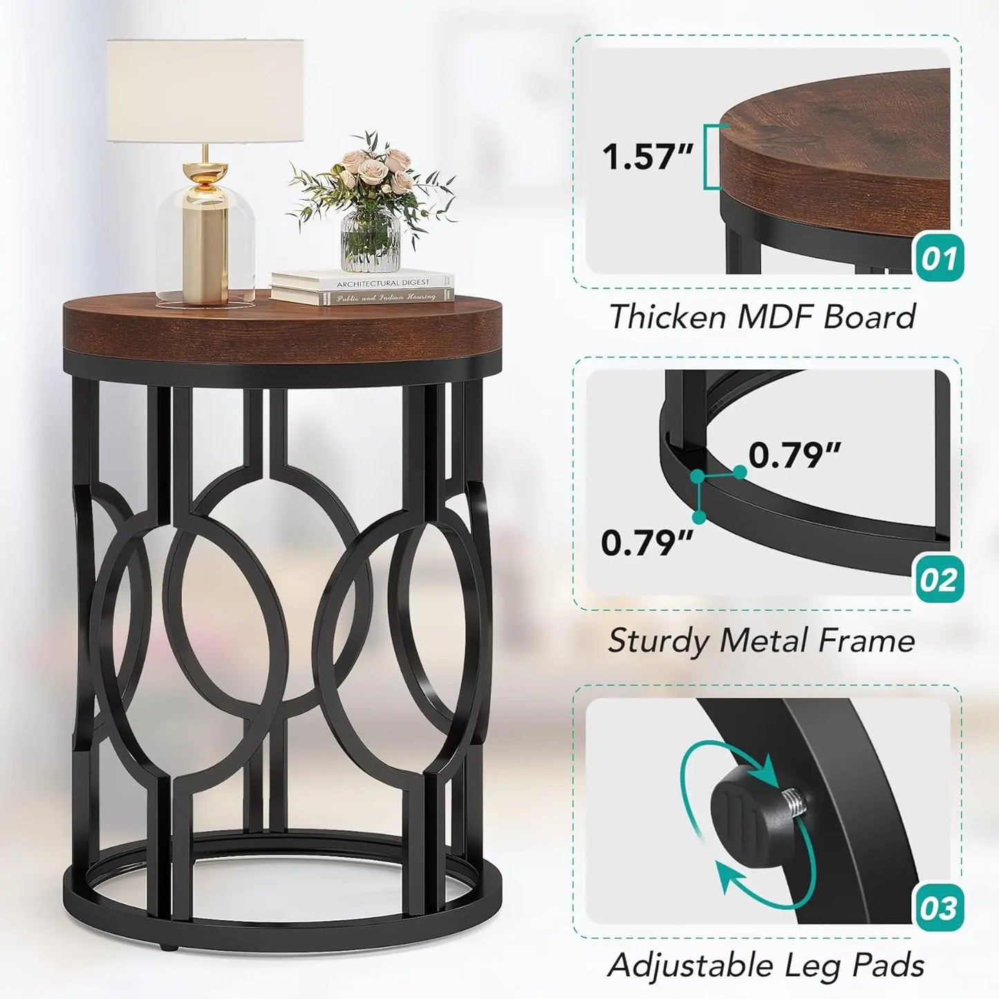 Round End Table With Hollow Metal Frame Bedside Nightstand