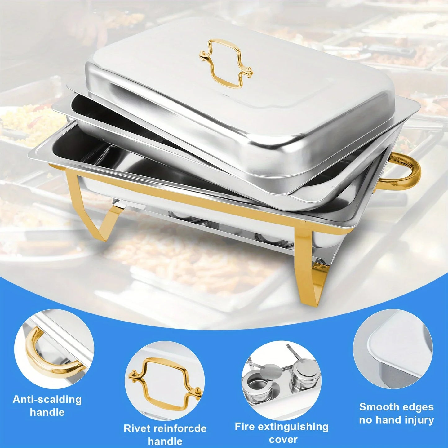 4 Pack 8 Quart Chafing Dish Buffet Set Stainless Steel Food Warmer Chafer with Chafing Fuel Holder for Party Catering Silver