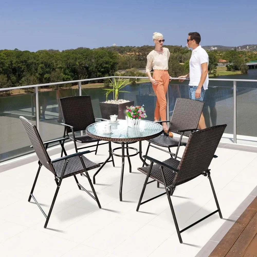 4 Piece Folding Patio Chair Set Outdoor Pool Lawn Portable Wicker Chairs with Armrest and Footrest Durable Rattan Steel Frame