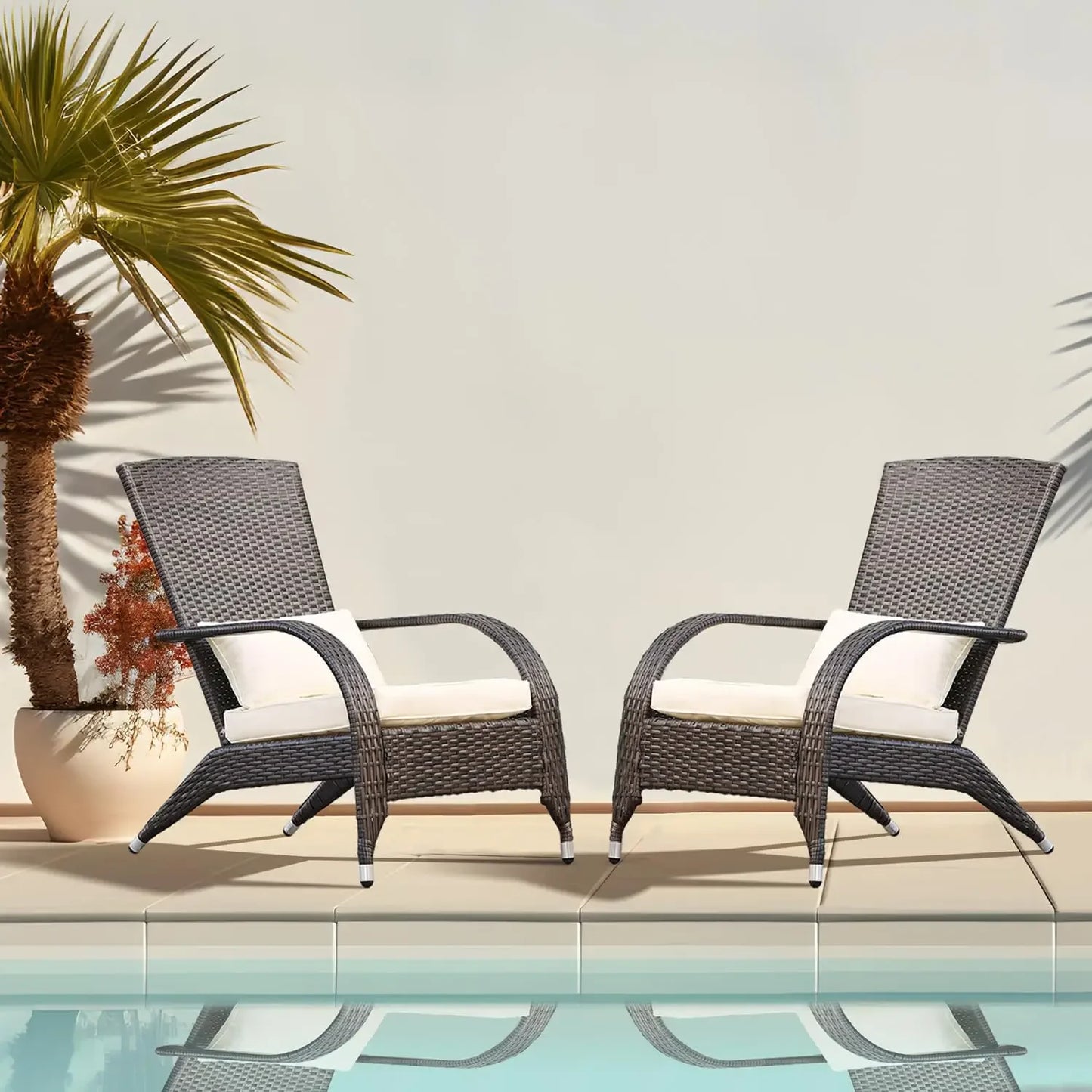 Adirondack Chairs Set of 2 Outdoor Wicker Rattan Fire Pit Chairs Oversized Comfy Relax Accent Patio Chairs with Cream Cushions