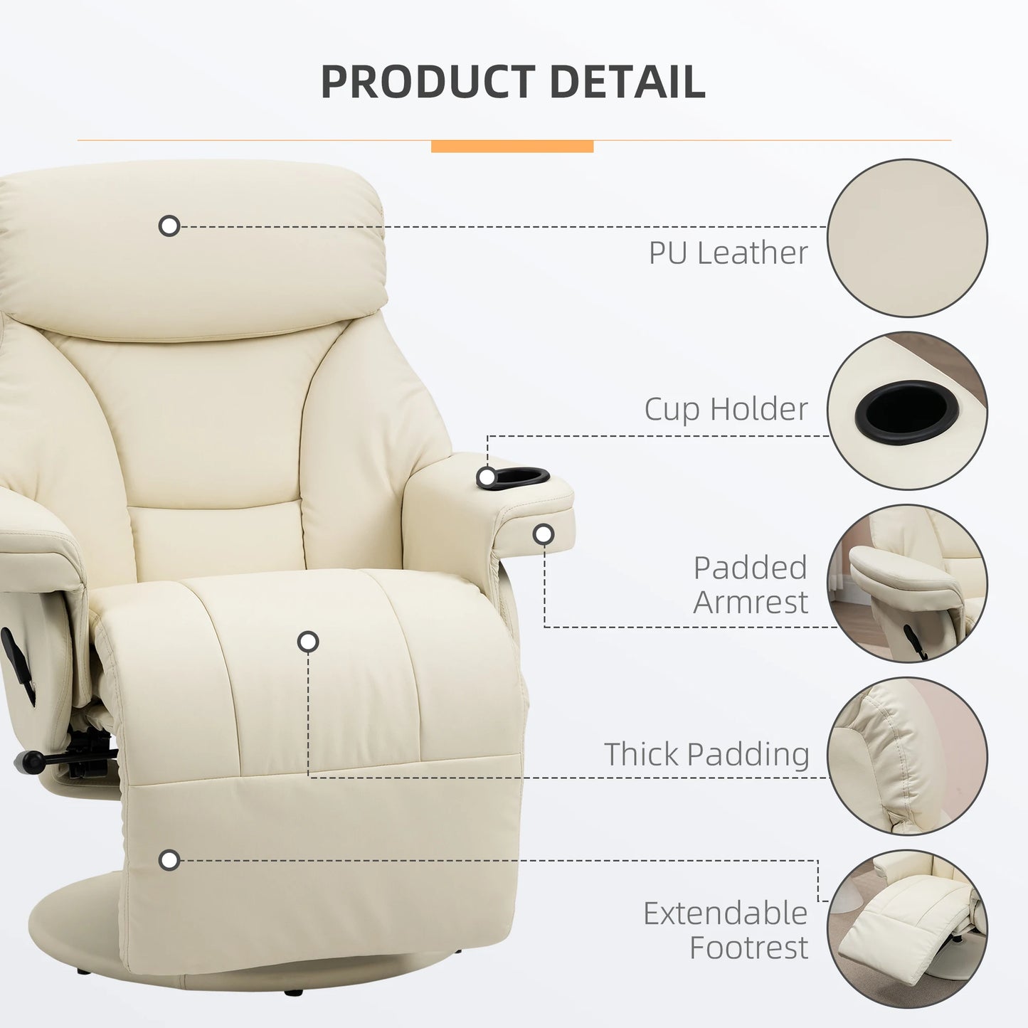Pu Leather Manual Recliner Armchair With Cup Holder Pocket for Living Room Cream