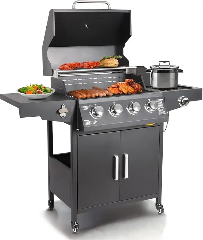 Propane Gas Grill with 4 Burners and Side Burner Stainless Steel Grill Cart with Wheels for Outdoor Patio Garden