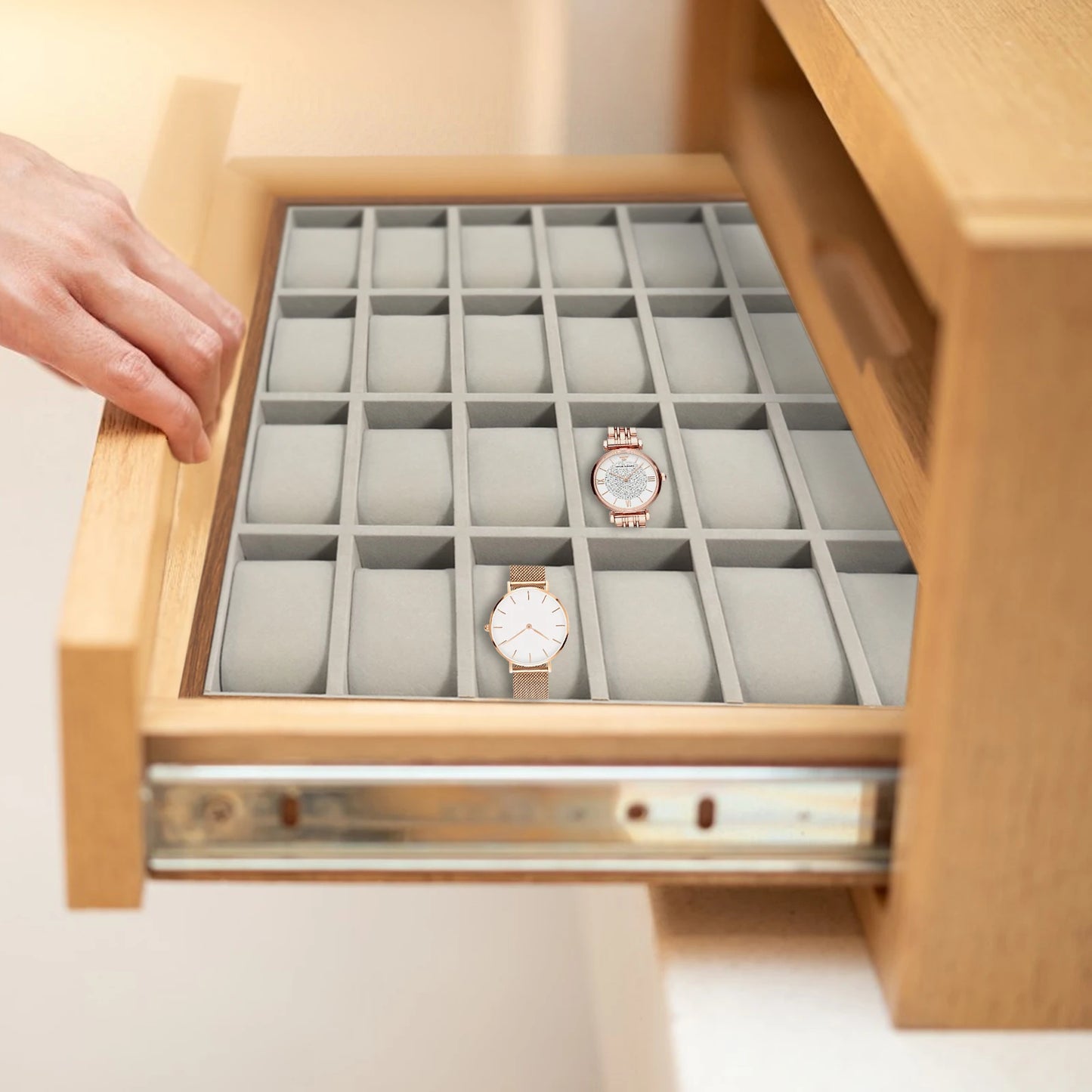 24 Compartment Watch Organizer Box with Walnut Grain Finish and Soft Lining for Home Bedroom Storage