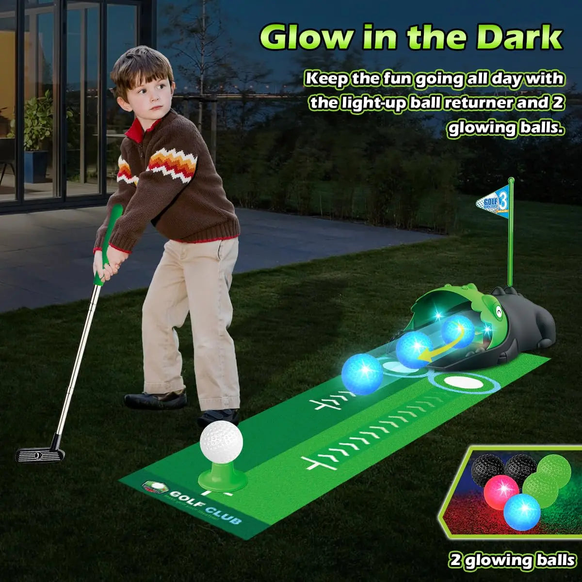 Kids Toy Golf Club Set with LED Automatic Ball Returner and Golf Putting Mat for Toddlers Mini Golf Game Sports Gift for Boys and Girls Age 3 and Up
