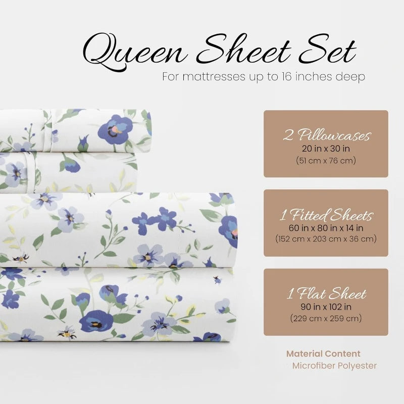 4 Piece Queen Sheet Set Light Blue Floral Ultra Soft Cooling Bed Sheets
