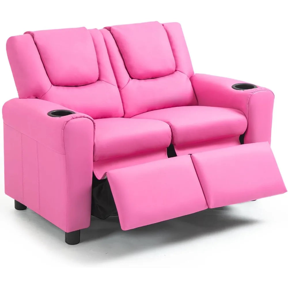 Double Recliner Chair With Cup Holder PU Leather Kids Sofa