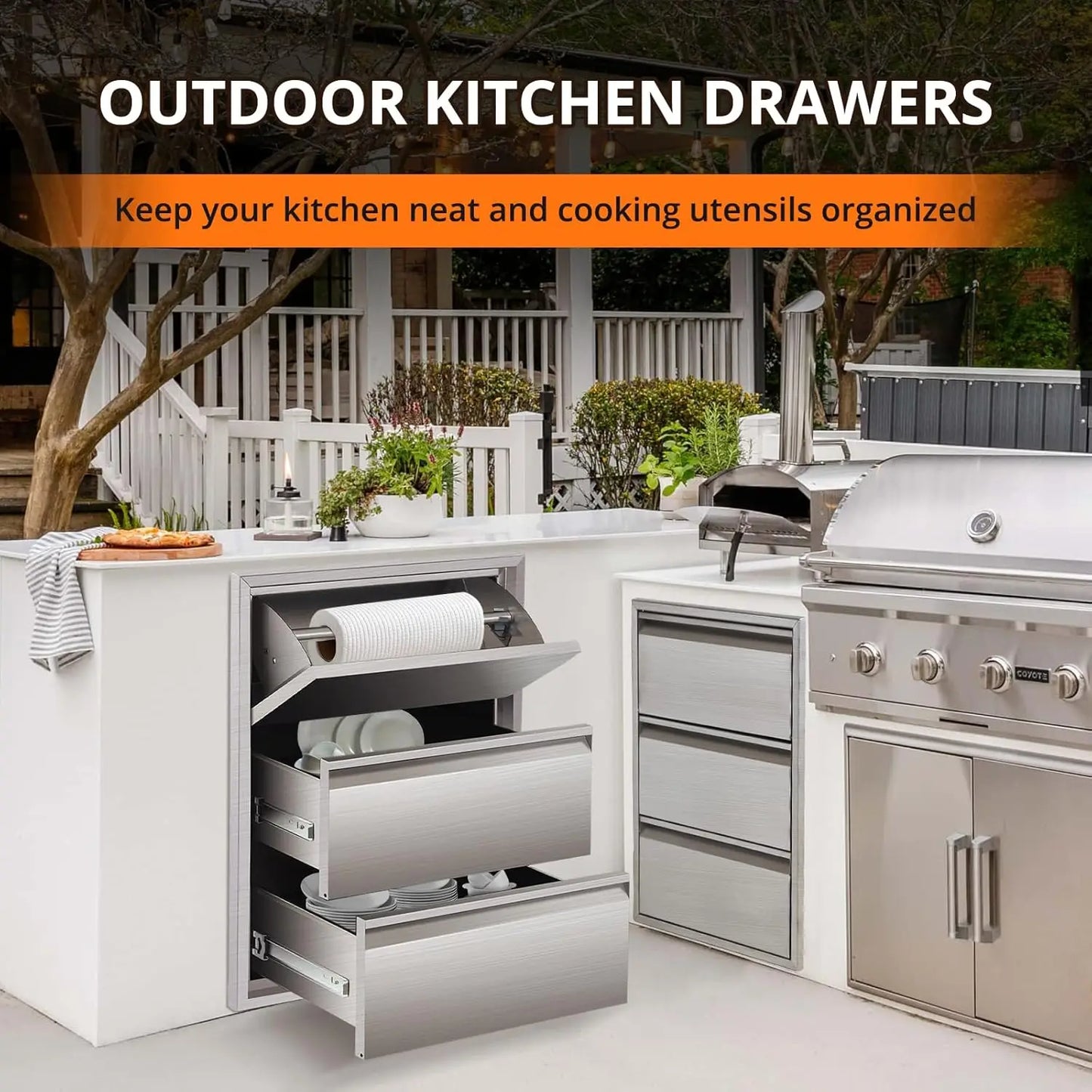 Outdoor Kitchen Drawers with Paper Towel Holder Stainless Steel BBQ Drawers 3-Layer Flush Mount Design