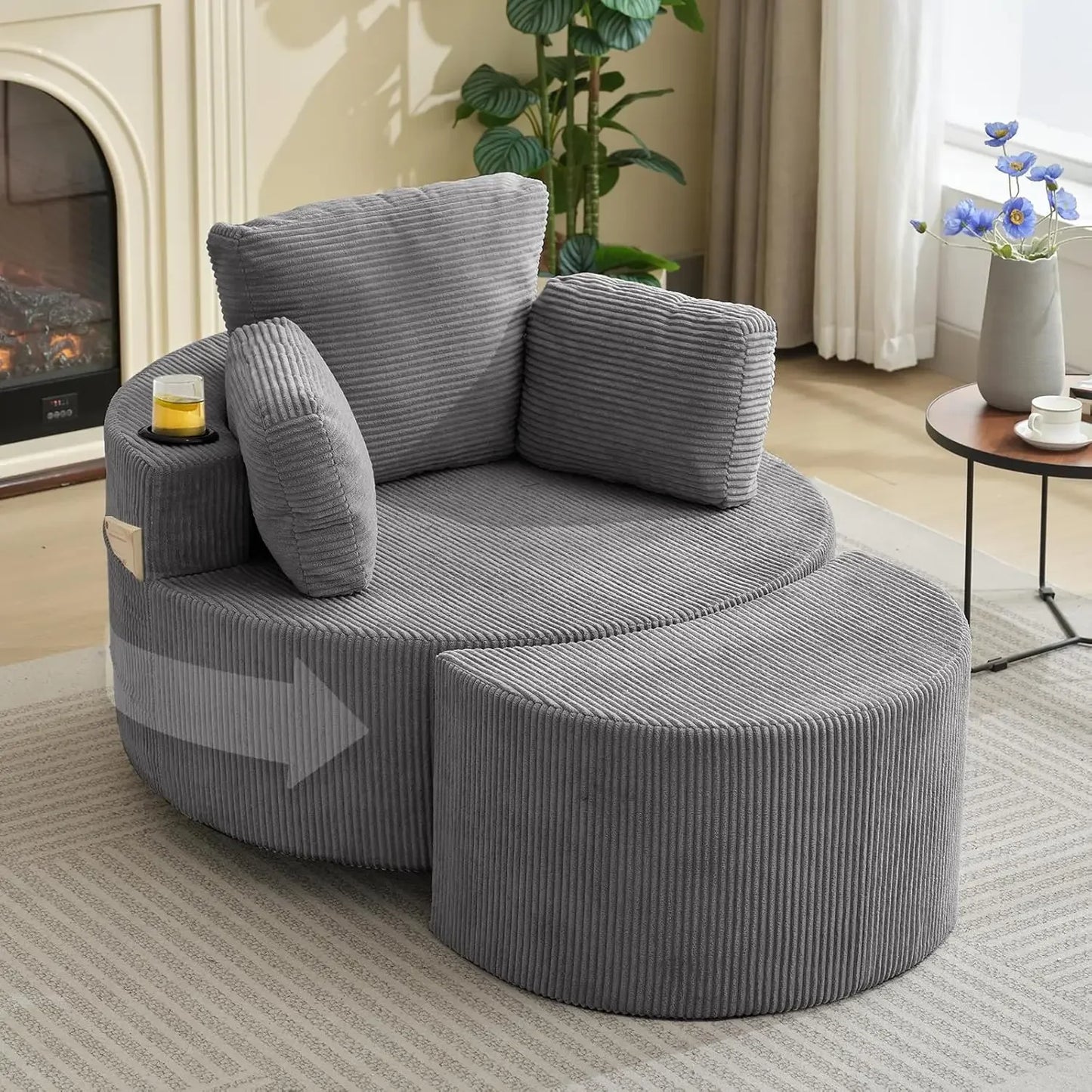 Swivel Accent Chair 42 Inch Wide Oversized Swivel Recliner Comfy Upholstered Round Barrel Chair with Ottoman for Living Room