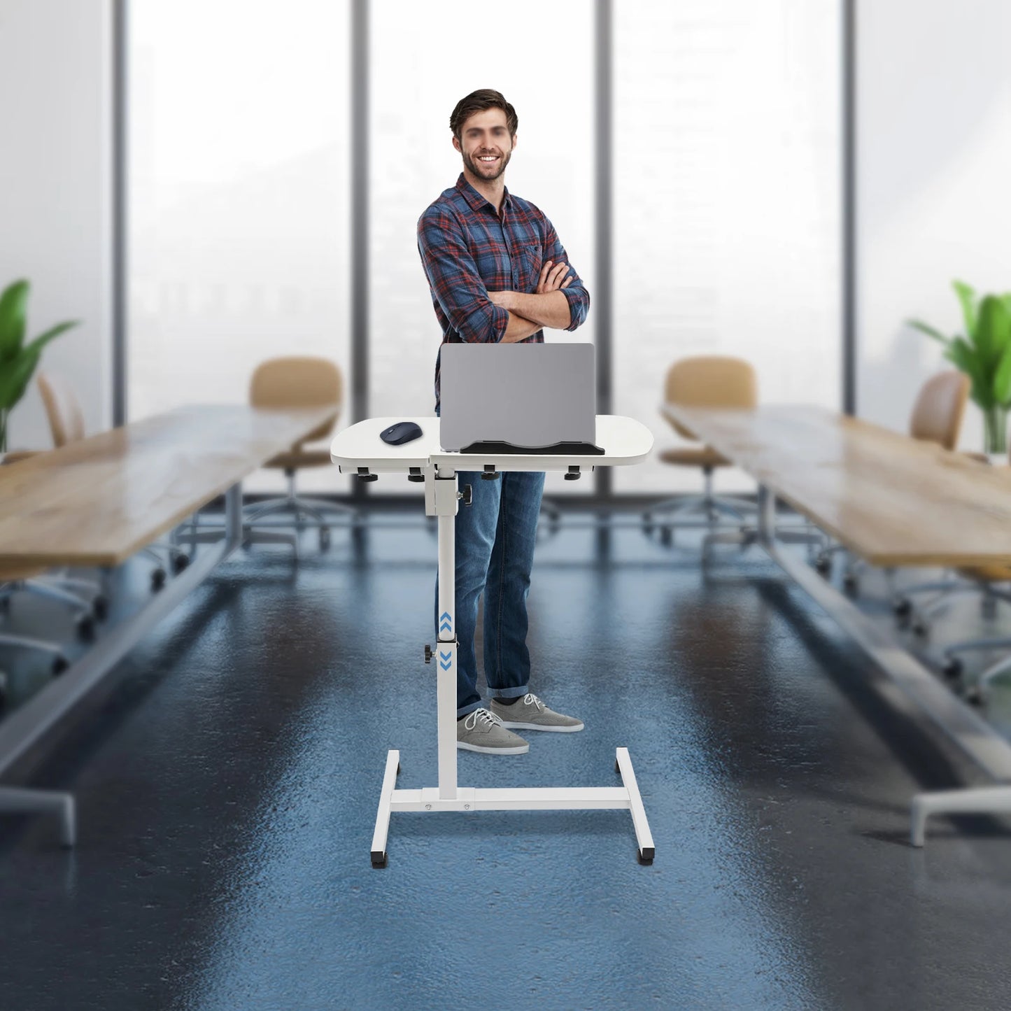 White MDF Carbon Steel Adjustable Laptop Stand With Wheels