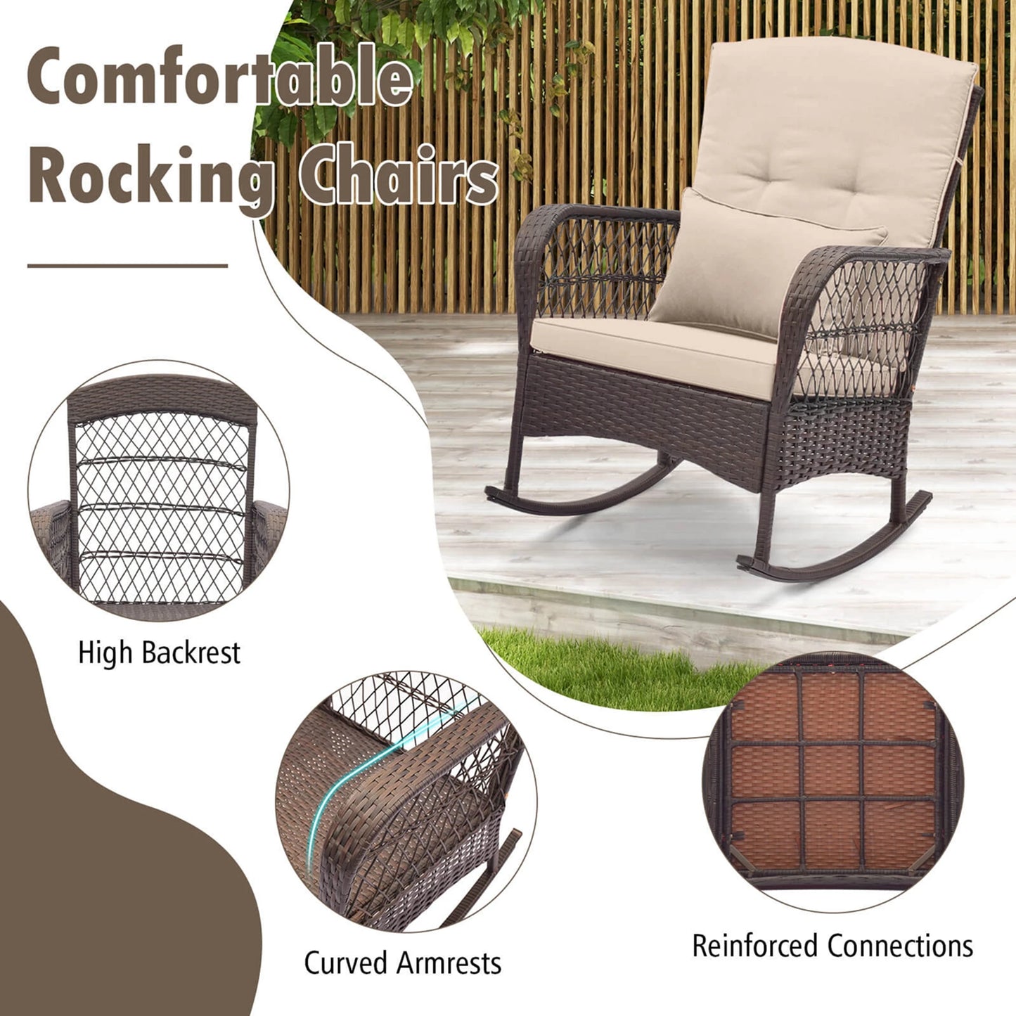 3 Piece Patio Rocker Set Outdoor Wicker Rocking Chairs with Double Layer Coffee Table Beige