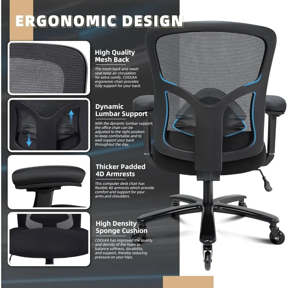 Big And Tall Office Chair 500lbs Ergonomic Mesh Desk Chair Heavy Duty Computer Chair Wide Thick Seat Cushion Black