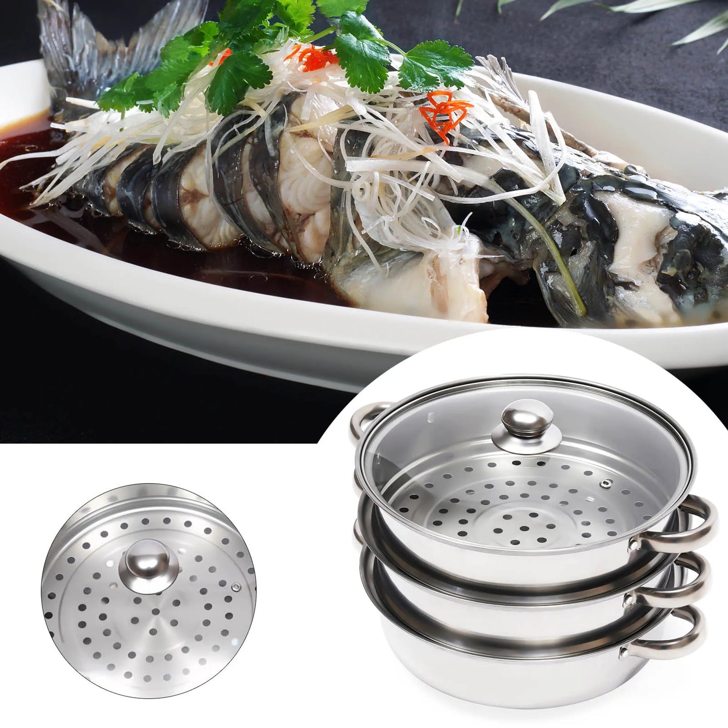 3 Tiers Stainless Steel Steamer 28cm Overlapping Steaming Pot Cookware Kitchen Soup Cooker Set Silver with Glass Lid