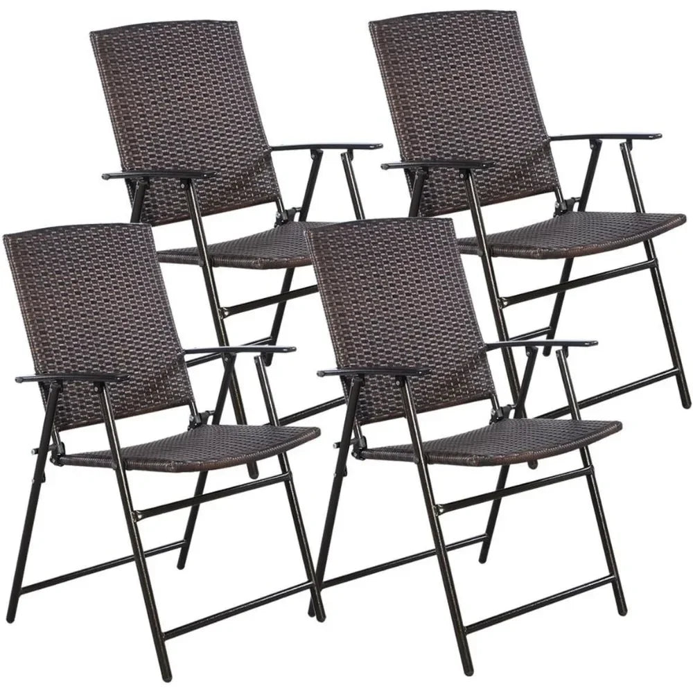 4 Piece Folding Patio Chair Set Outdoor Pool Lawn Portable Wicker Chairs with Armrest and Footrest Durable Rattan Steel Frame