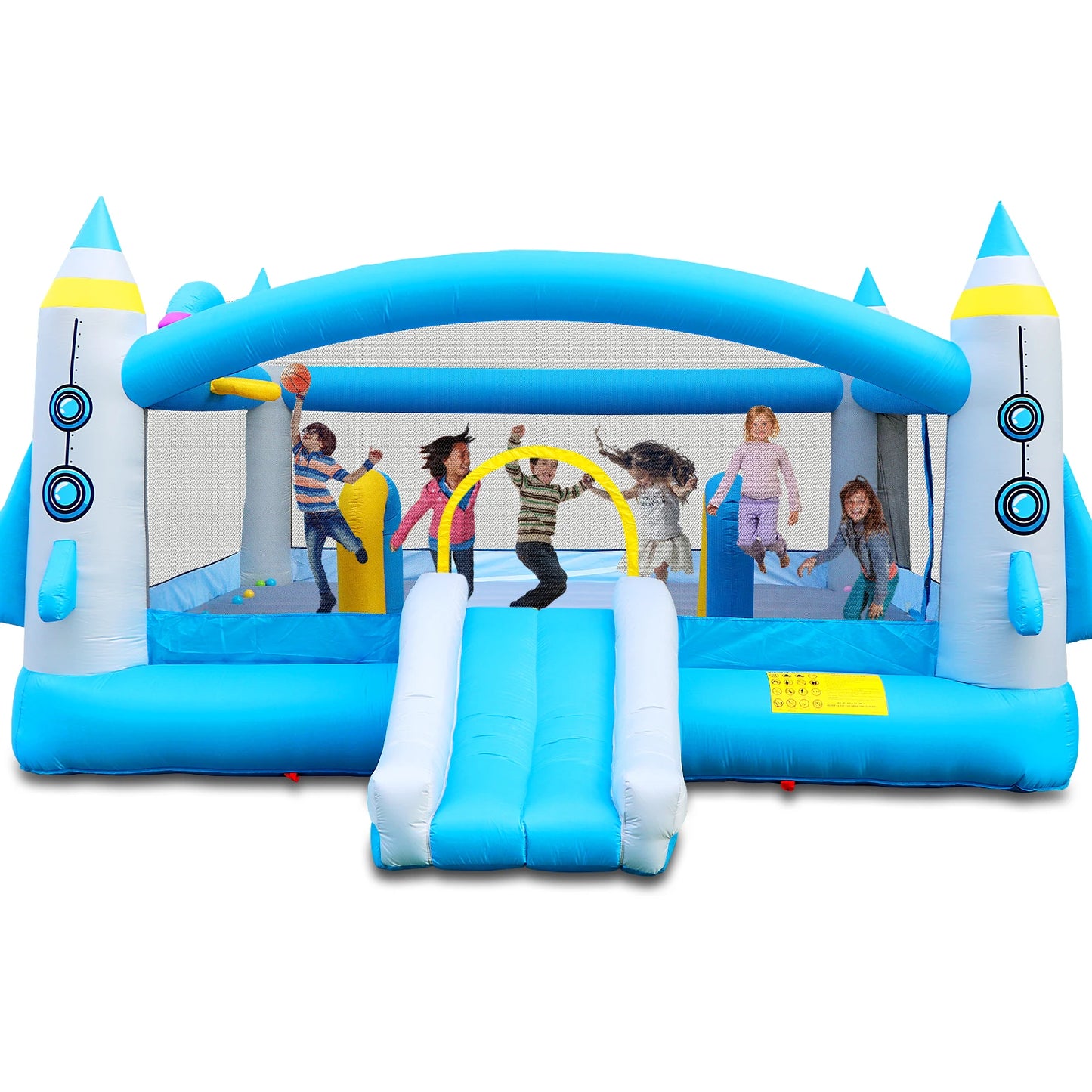 Kids Inflatable Bounce House With Long Slide Basketball Hoop Heavy Duty Oxford Fabric For Family Backyard Fun
