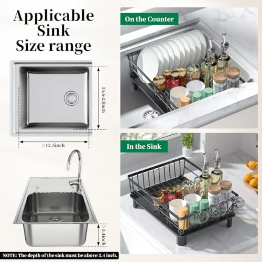Dish Drying Rack Space Saving Kitchen Counter Rack with Drainer Rustproof Sink Organizer and Utensil Holder