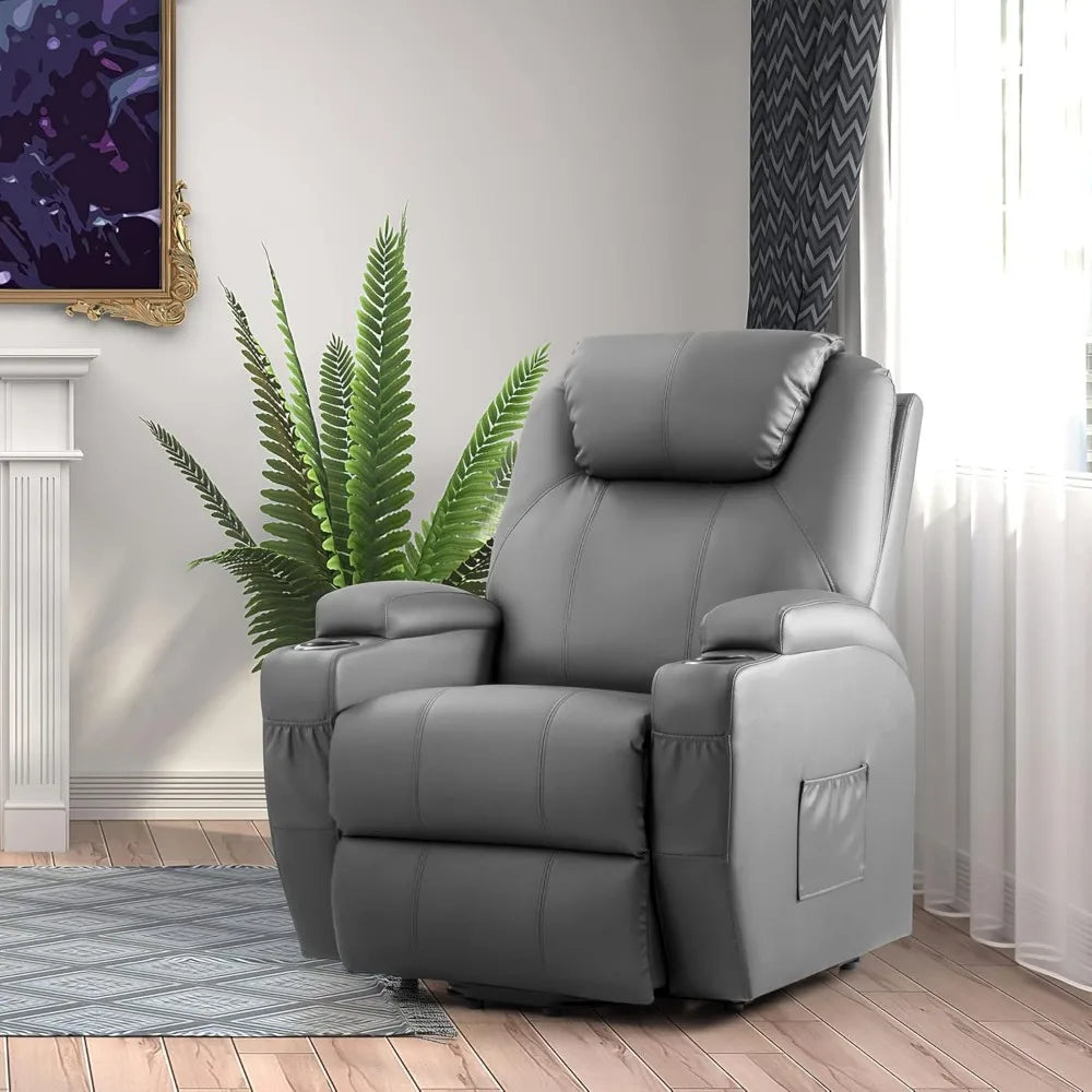Power Lift Recliner Chair with Massage for Elderly PU Leather Modern Reclining Sofa Chair with Cup Holders and Remote Control