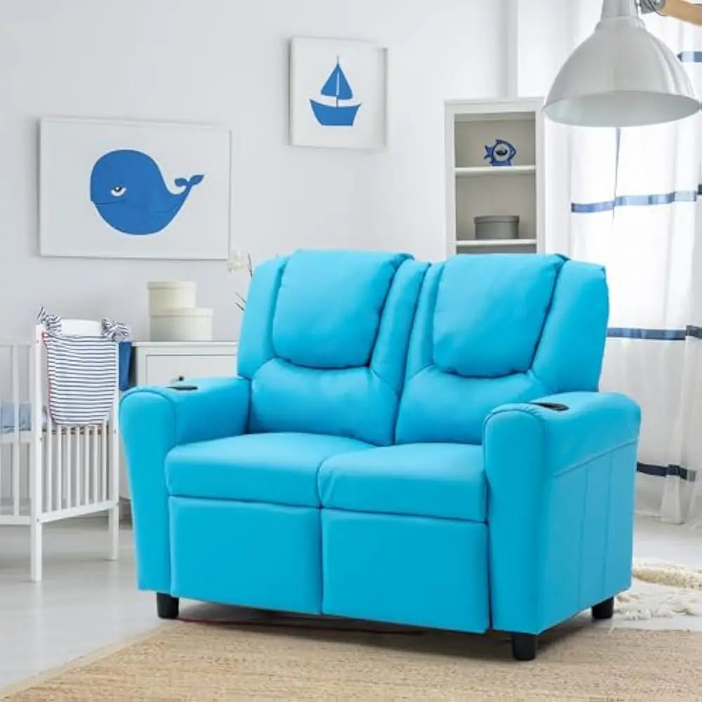 Double Recliner Chair With Cup Holder PU Leather Kids Sofa