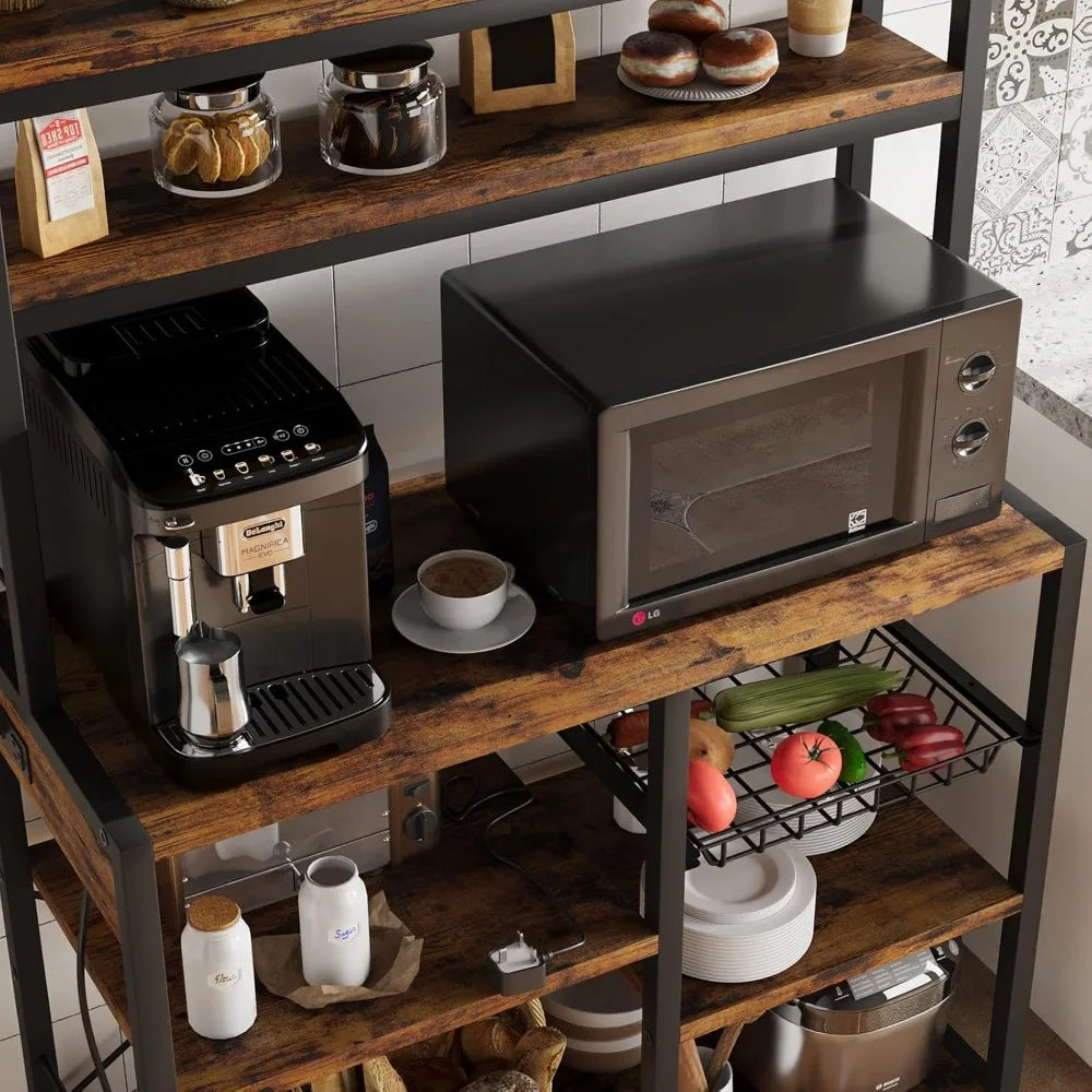 Bakers Rack with Power Outlet Coffee Bar with Wire Drawer Industrial Microwave Stand Kitchen Buffet Table with Large Storage Brown