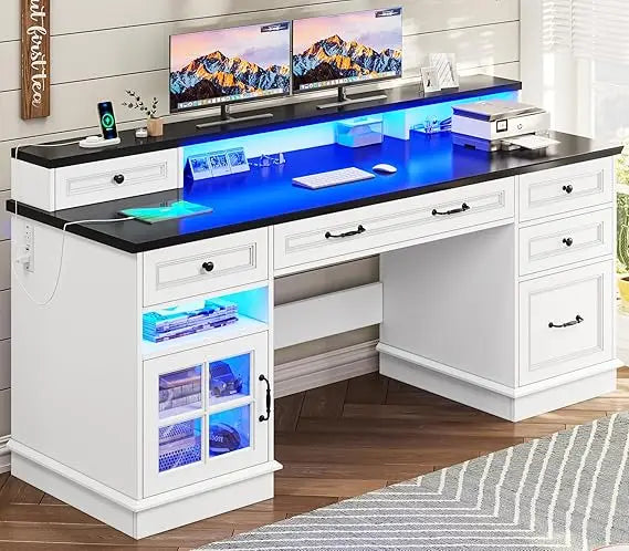 Executive Desk with File Drawer and Monitor Stand Home Office Desk with Drawers and Storage Cabinet Writing Desk