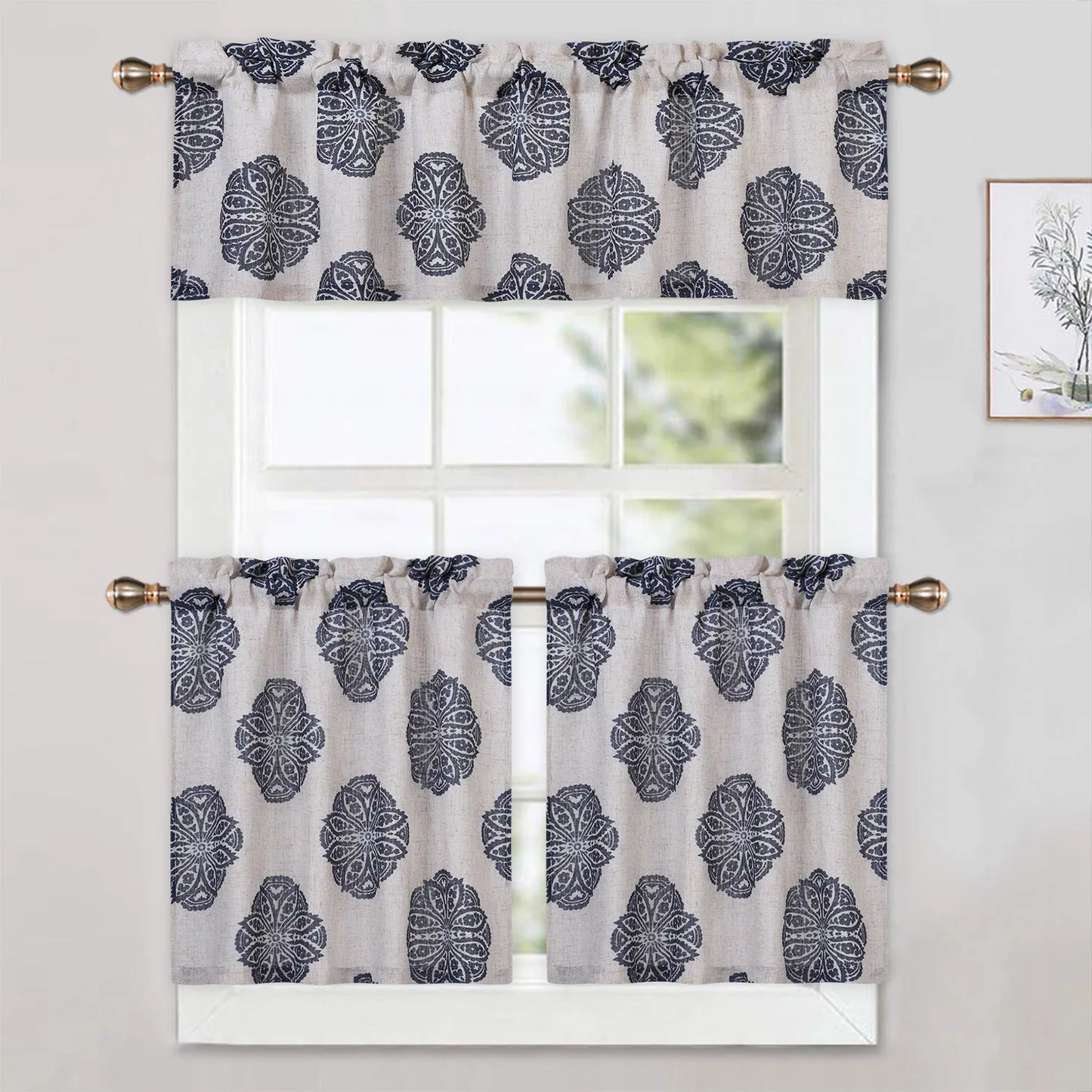 Medallion Printed Rod Pocket Light Filtering Window Curtain Valance for Bathroom Kitchen 52 Inch by 15 Inch